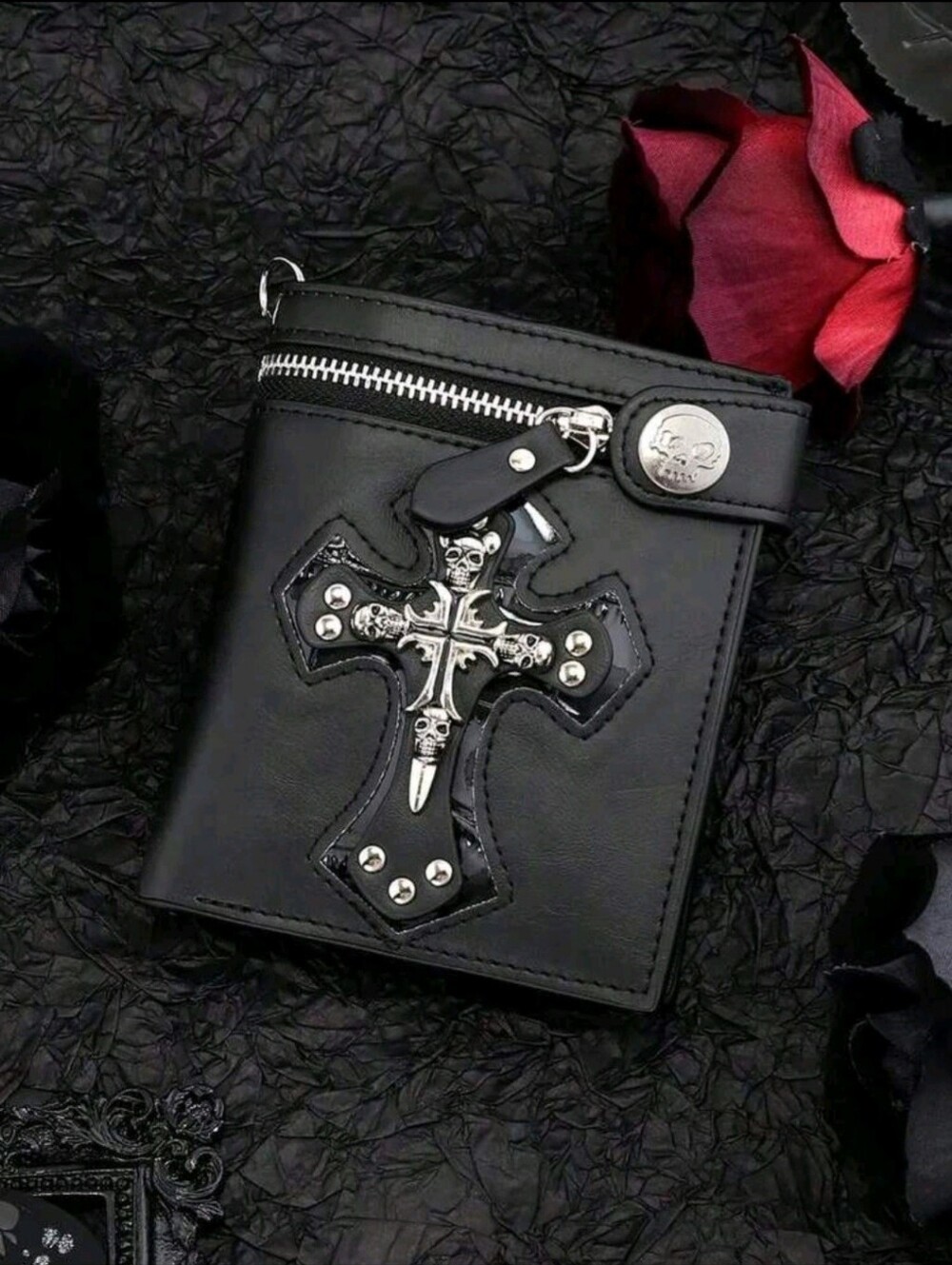 Men's Bifold Wallet, 1Pc New Retro Punk Style Black Skull & Cross Pattern
